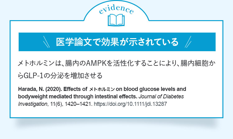 evidence 医学論文で効果が示されているメトホルミンは、腸内のAMPKを活性化することにより、腸内細胞からGLPー1の分泌を増加させる Harada,N.（2020）.Effectsofメトホルミンonbloodglucoselevelsandbodyweightmediatedthroughintestinaleffects.JournalofDiabetesInvestigation,11（6）,1420ー1421.https://doi.org/10.1111/jdi.13287