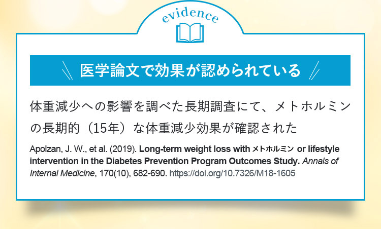 evidence 医学論文で効果が認められている 体重減少への影響を調べた長期調査にて、メトホルミンの長期的（15年）な体重減少効果が確認された Apolzan,J.W.,etal.（2019）.LongーtermweightlosswithメトホルミンorlifestyleinterventionintheDiabetesPreventionProgramOutcomesStudy.AnnalsofInternalMedicine,170（10）,682ー690.https://doi.org/10.7326/M18ー1605 